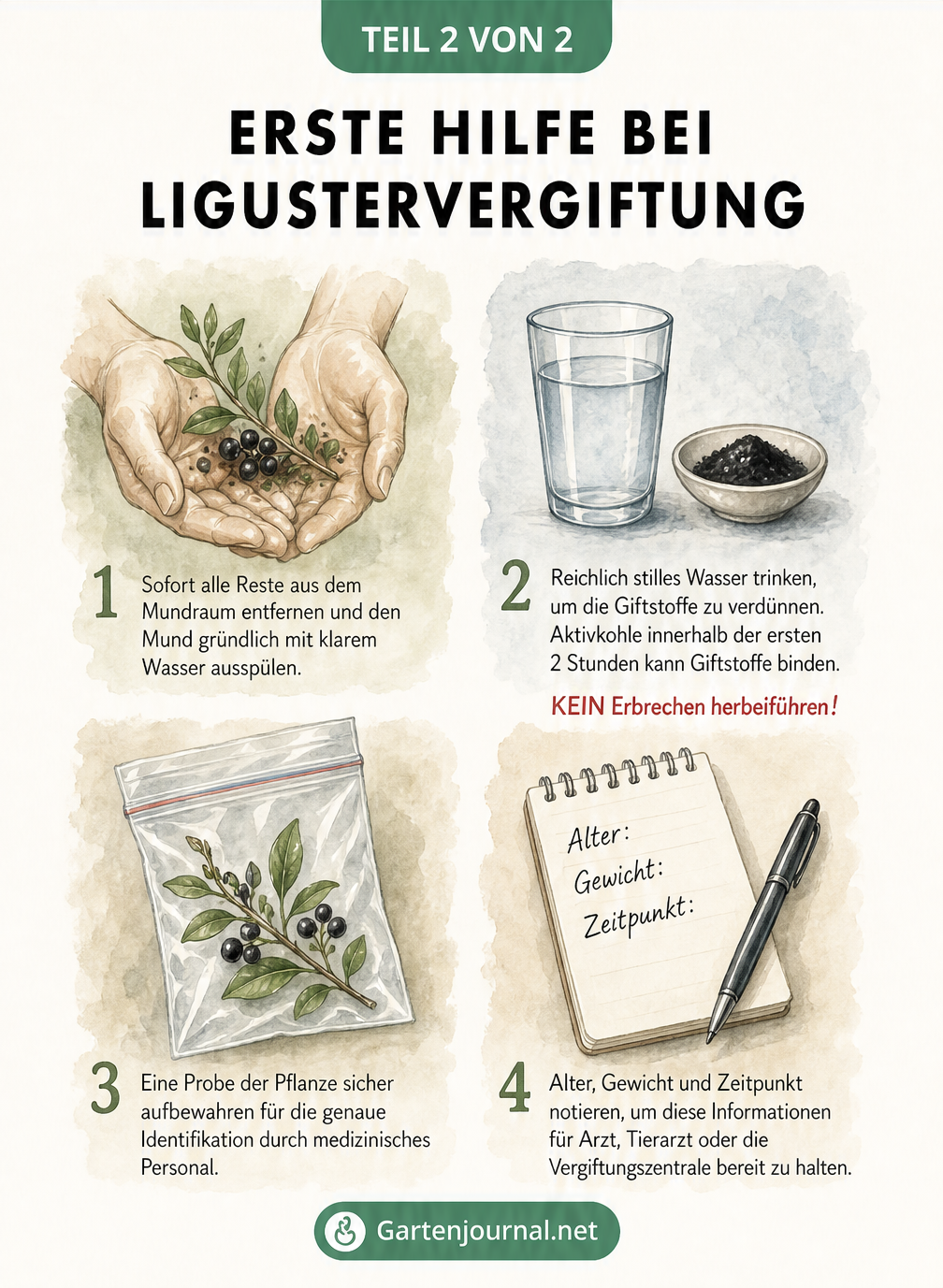 Vier Schritte zur Ersten Hilfe bei einer Ligustervergiftung: Pflanzenreste entfernen, Wasser trinken, Probe sichern und Daten notieren