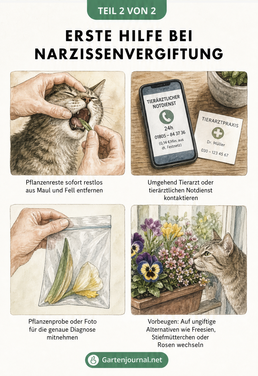 Storyboard mit vier Schritten zur Ersten Hilfe bei einer Narzissenvergiftung bei Katzen