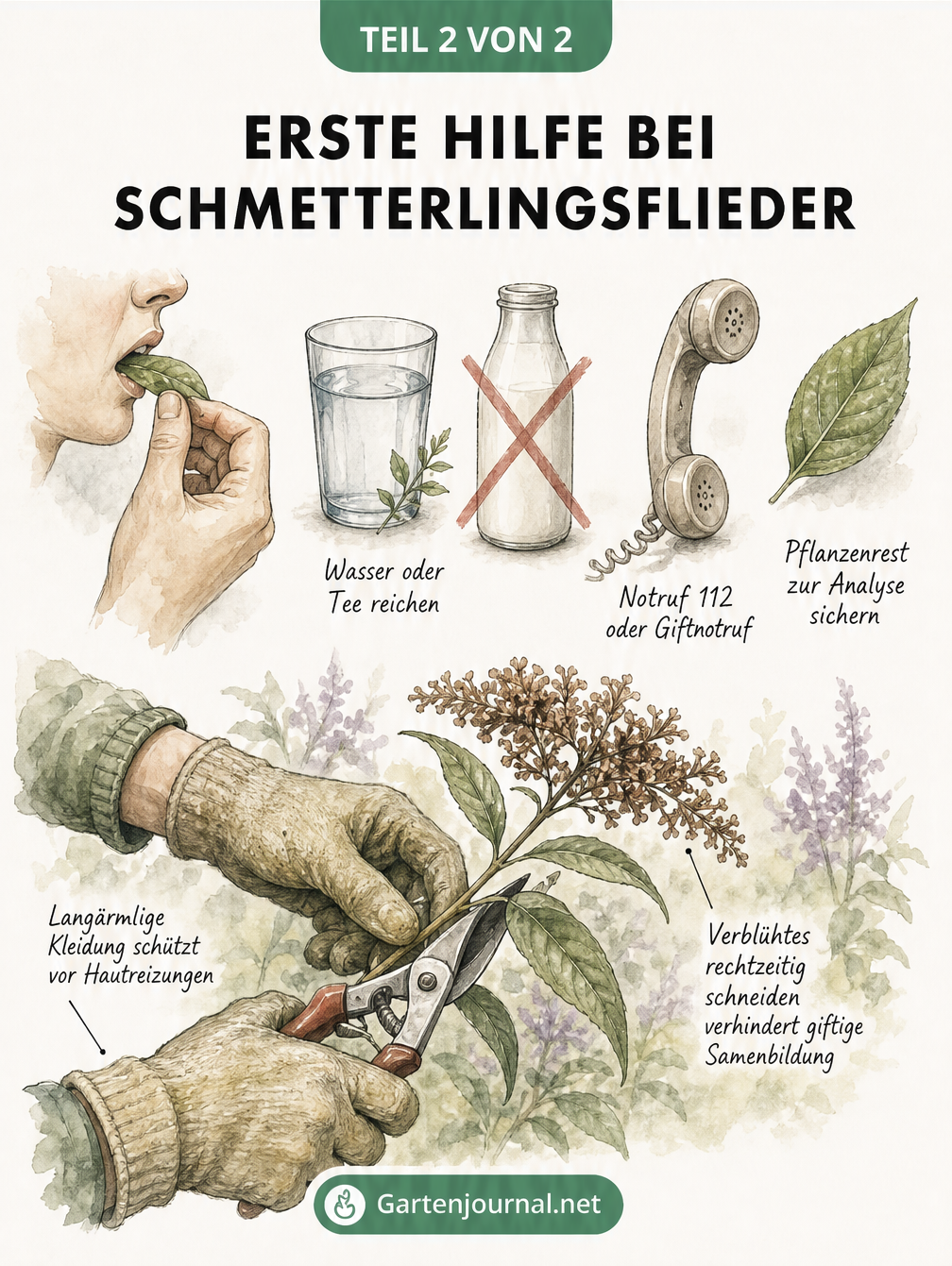Illustration zur Ersten Hilfe bei Vergiftung durch Schmetterlingsflieder und Prävention im Garten