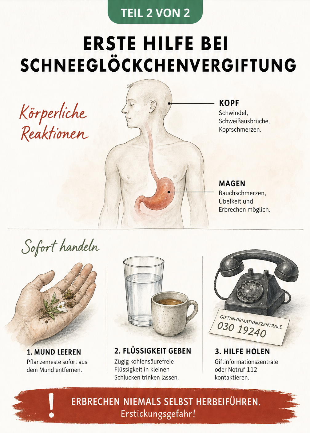 Illustration zur Ersten Hilfe bei einer Schneeglöckchenvergiftung, die Symptome wie Schwindel und Bauchschmerzen sowie Maßnahmen wie das Entfernen von...