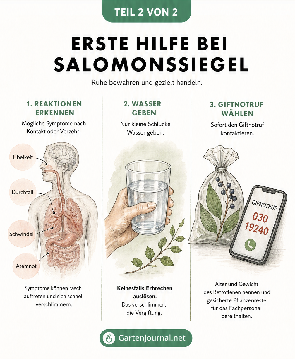Illustration zur Ersten Hilfe bei Vergiftung durch Salomonssiegel mit Symptomen, Wasser trinken und Giftnotruf