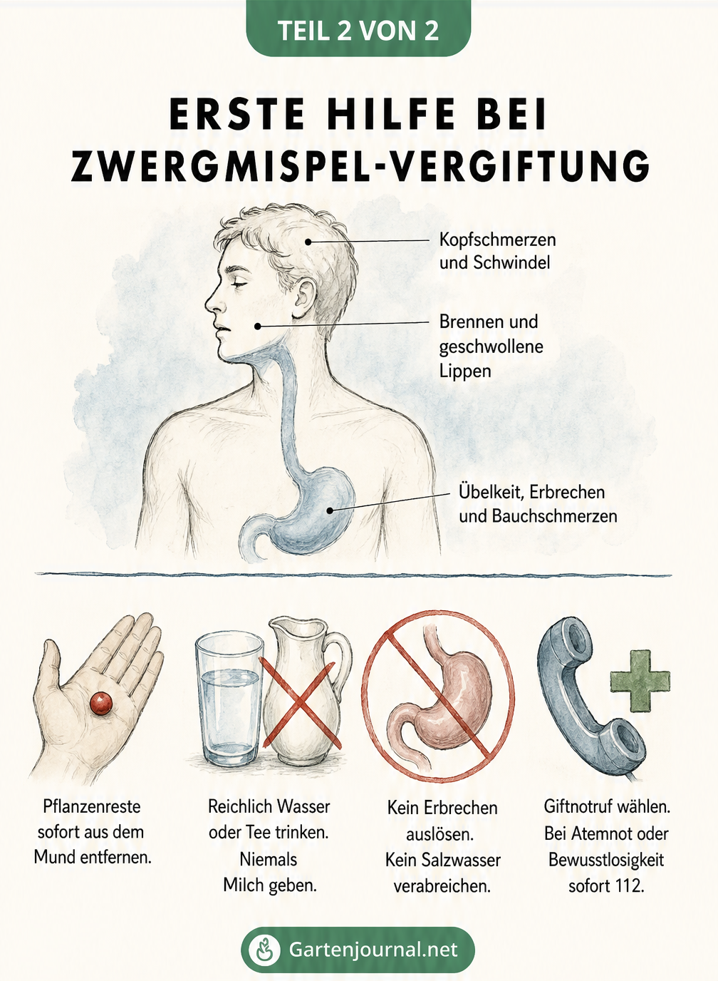 Übersicht zur Ersten Hilfe bei einer Zwergmispel-Vergiftung mit Symptomen wie Übelkeit und Handlungsanweisungen wie Wasser trinken und Giftnotruf wählen