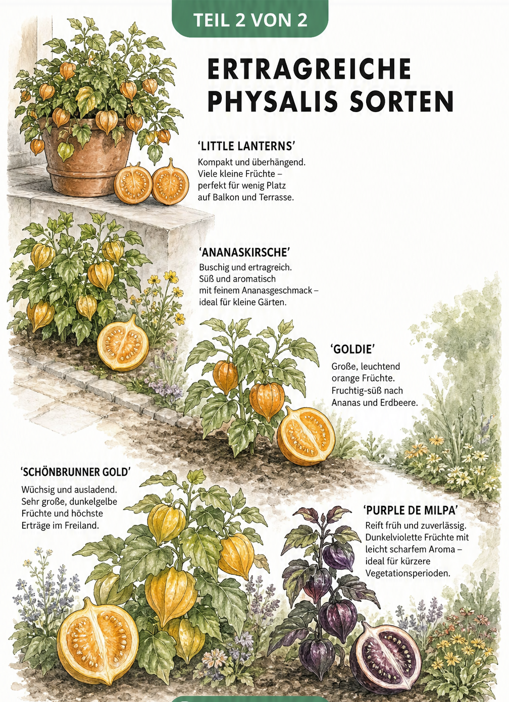 Illustration verschiedener Physalis-Sorten vom Kübel auf dem Balkon bis zum Freilandbeet, darunter Little Lanterns, Ananaskirsche, Goldie, Schönbrunner Gold...