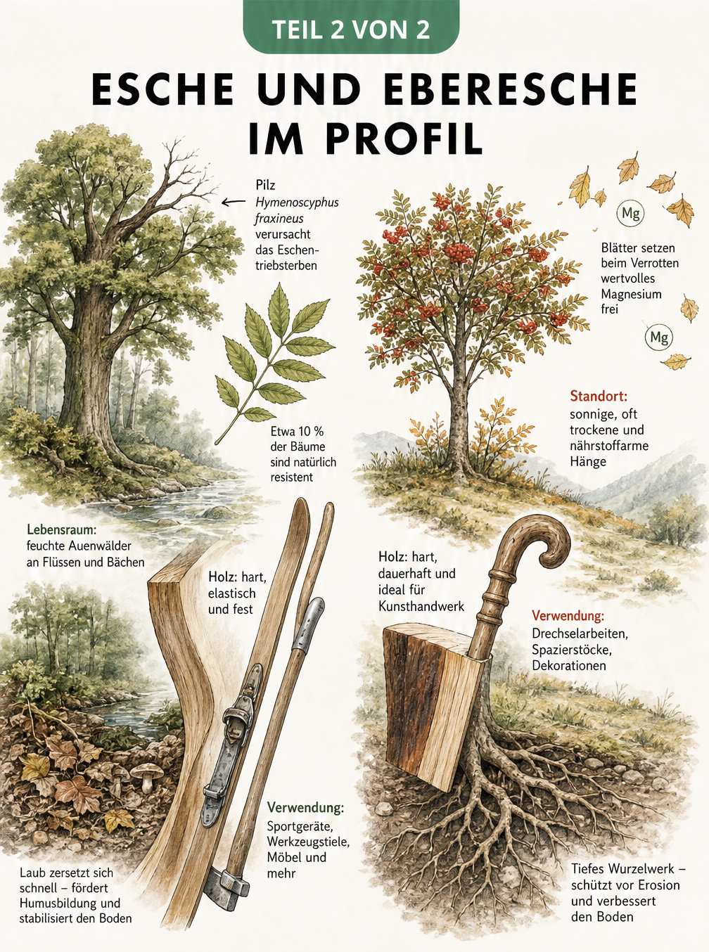 Illustration der ökologischen Bedeutung und Holznutzung von Esche und Eberesche im Wald