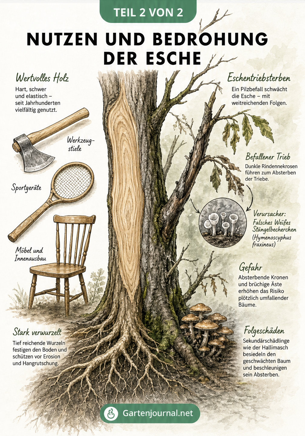 Illustration zur Holznutzung der Esche und der Bedrohung durch das Eschentriebsterben