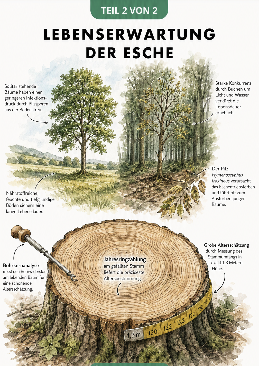 Illustration einer Waldszene und einer Baumscheibe, die Faktoren für die Lebenserwartung und Methoden zur Altersbestimmung einer Esche darstellt.