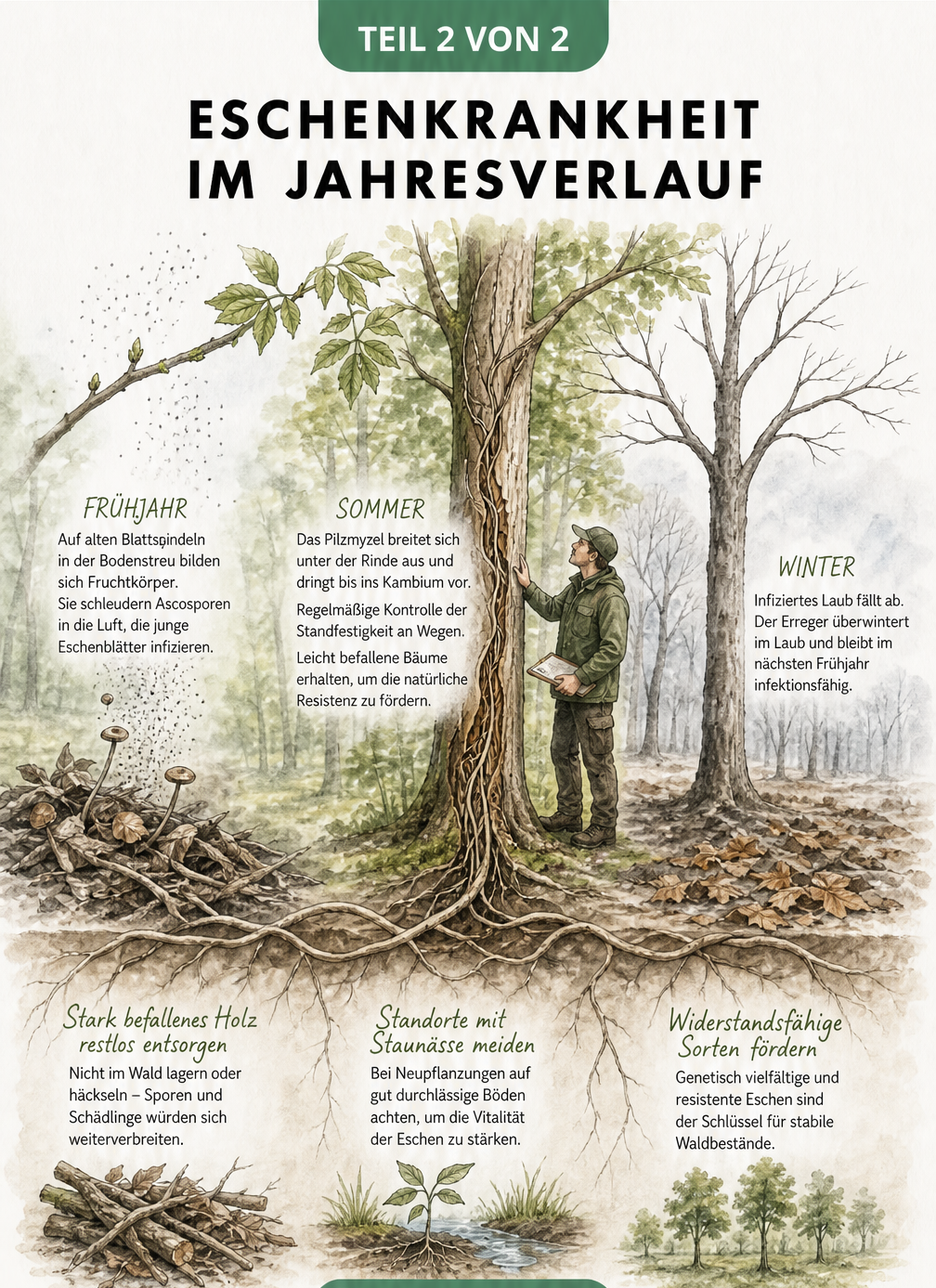 Aquarell-Illustration des Lebenszyklus des Eschentriebsterbens im Jahresverlauf, von der Sporenfreisetzung im Frühjahr über die Myzelausbreitung im Sommer bis...