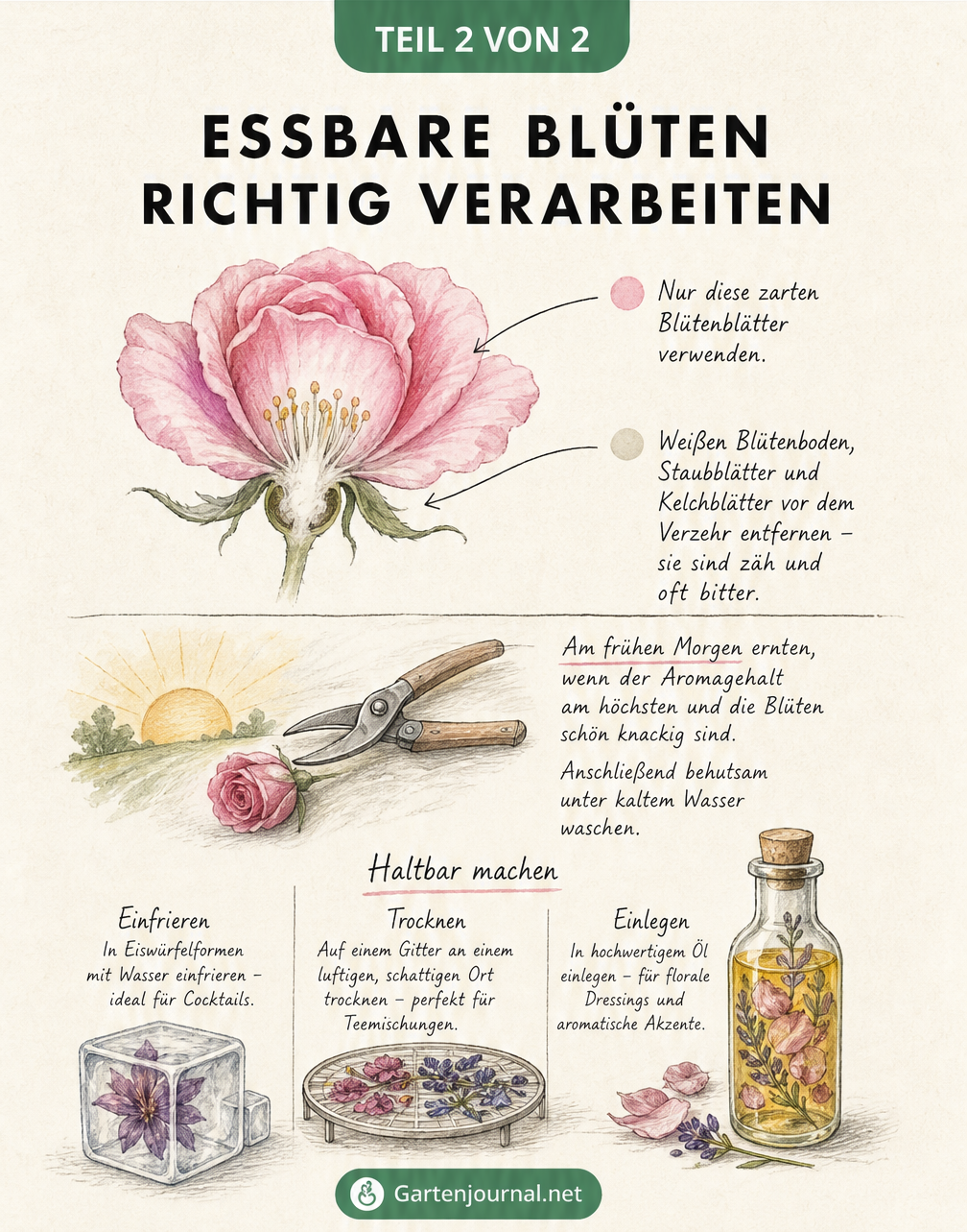 Skizze zur Verarbeitung essbarer Blüten, die Erntezeitpunkt, Vorbereitung einer Rose und Methoden zur Haltbarmachung wie Einfrieren, Trocknen und Einlegen...