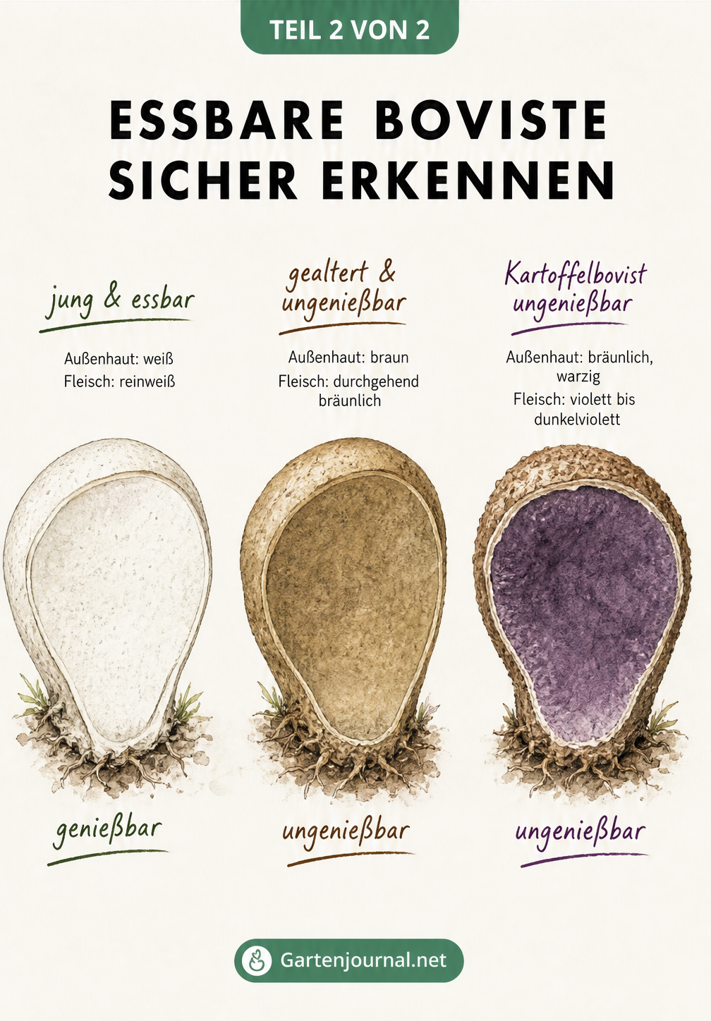 Botanische Illustration von drei aufgeschnittenen Bovisten: ein weißer essbarer, ein brauner ungenießbarer und ein Kartoffelbovist mit violettem Kern.