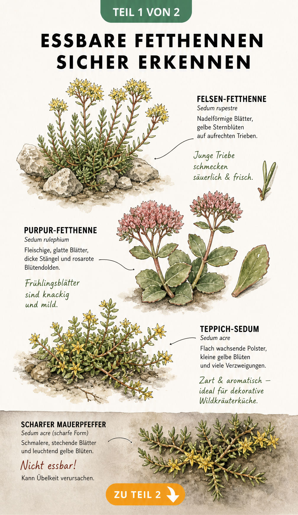 Botanische Illustration von essbaren Fetthennen wie Felsen-Fetthenne und Purpur-Fetthenne sowie dem giftigen Scharfen Mauerpfeffer