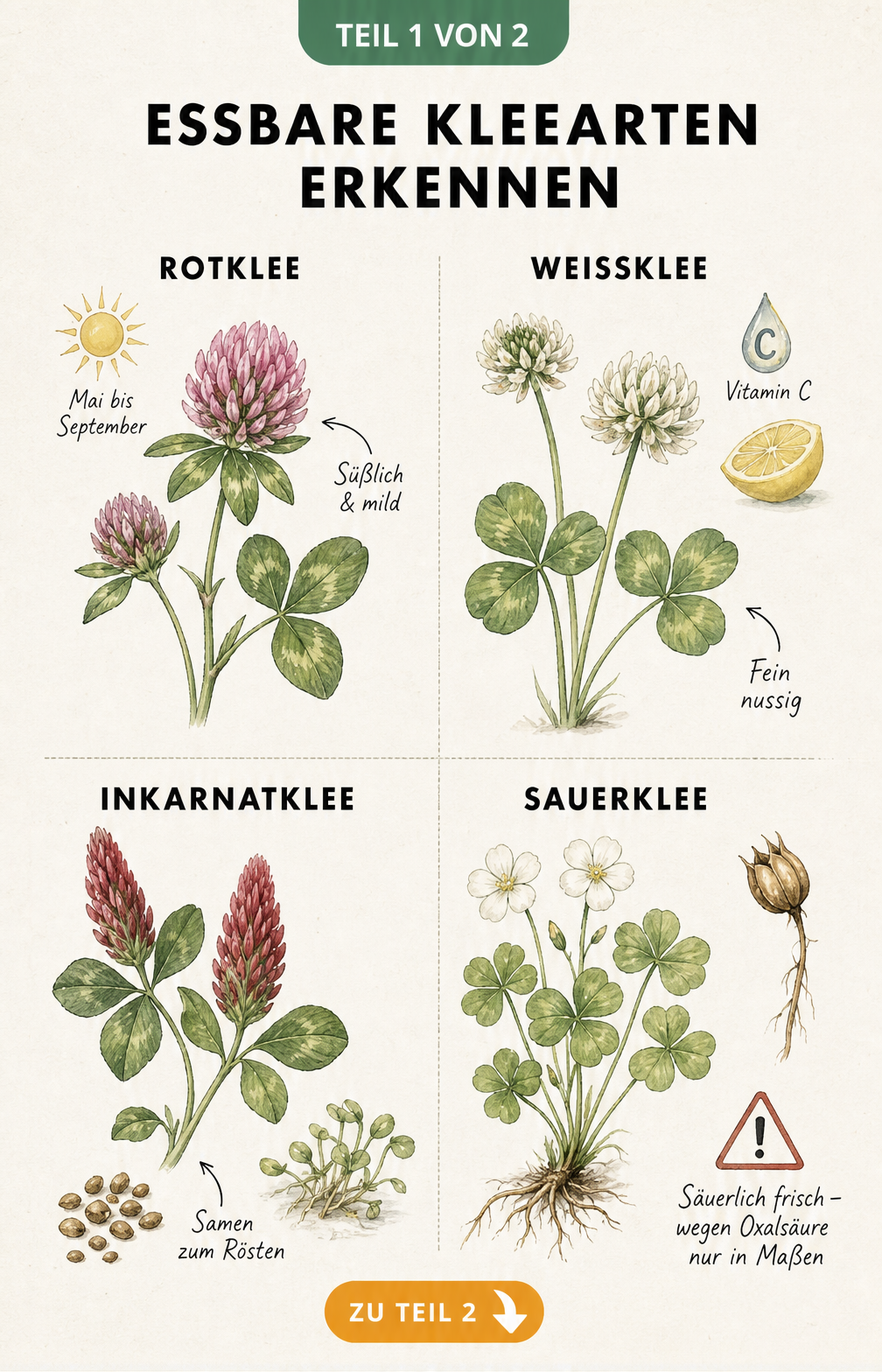 Botanische Illustration von Rotklee, Weißklee, Inkarnatklee und Sauerklee mit Hinweisen zu essbaren Pflanzenteilen und Geschmack.