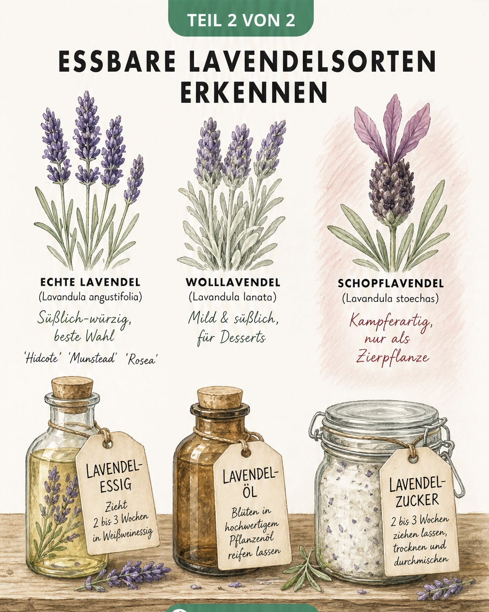 Aquarell-Skizzen von Echter Lavendel, Wolllavendel und Schopflavendel sowie Apothekerfläschchen mit Lavendelessig, -öl und -zucker