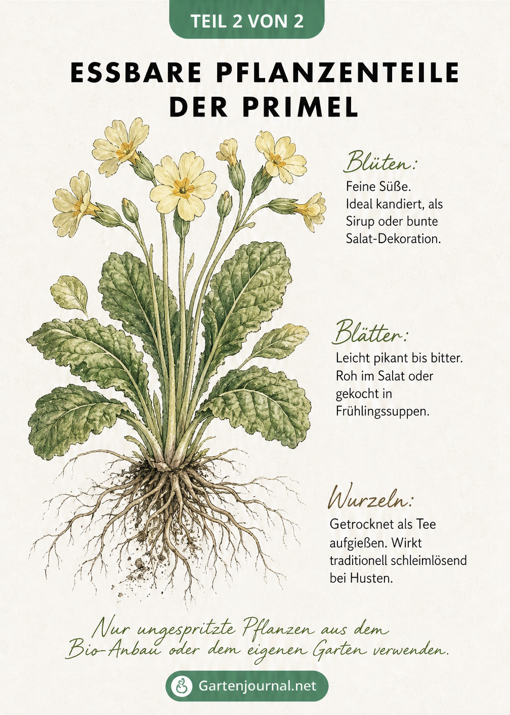 Illustration einer Kissenprimel mit Erklärungen zu den essbaren Pflanzenteilen wie Blüten, Blättern und Wurzeln