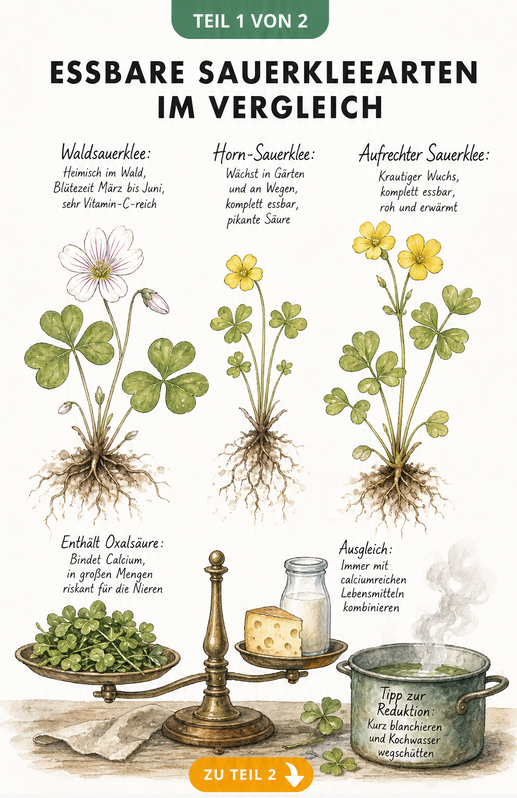 Illustration von Waldsauerklee, Horn-Sauerklee und Aufrechtem Sauerklee mit einer Apothekerwaage, die Oxalsäure und Calcium ausgleicht