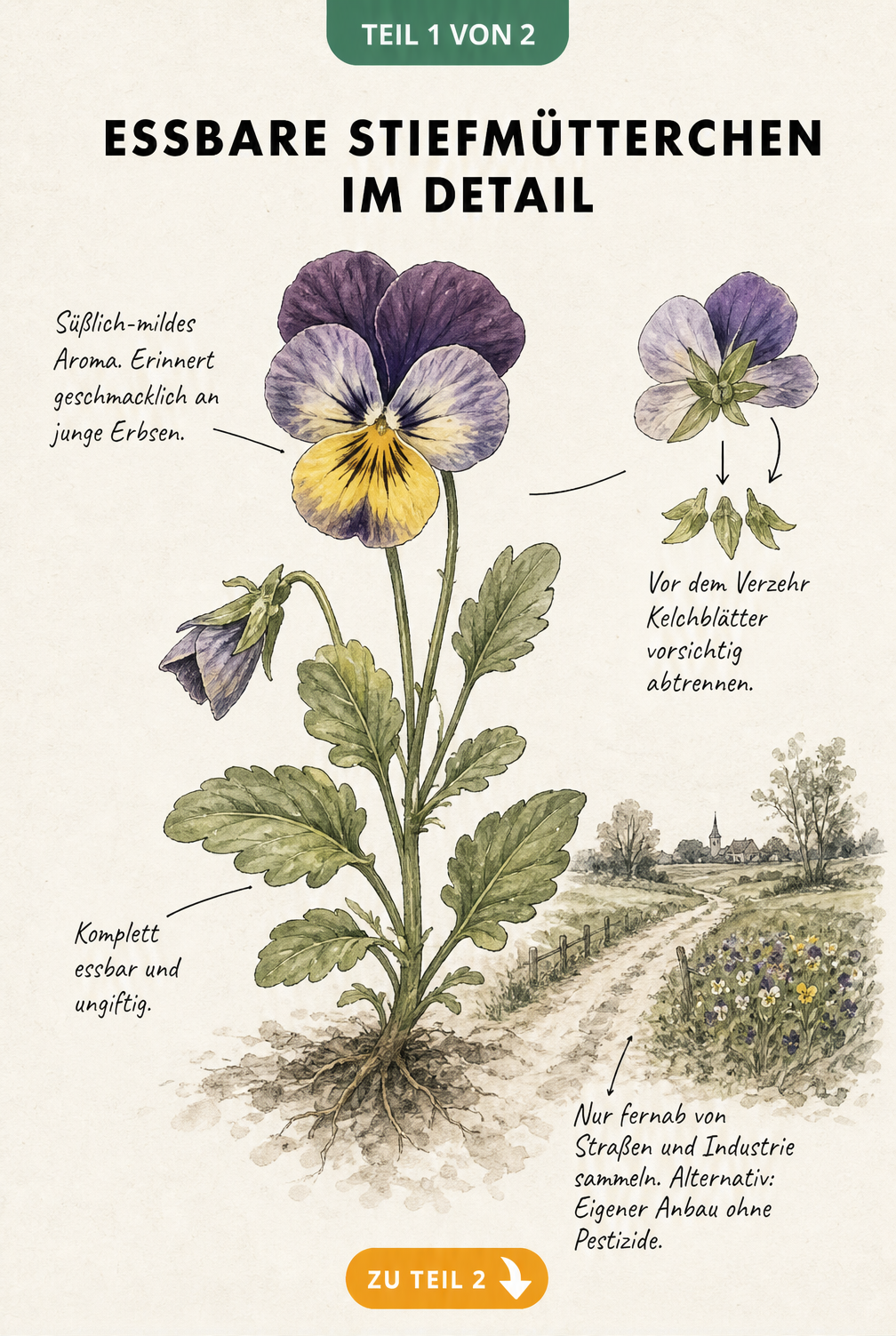Botanische Illustration eines Stiefmütterchens mit Hinweisen zu essbaren Blüten und Blättern sowie deren Geschmack