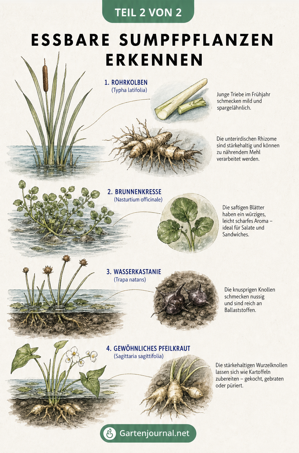 Botanische Zeichnungen von vier essbaren Sumpfpflanzen: Rohrkolben, Brunnenkresse, Wasserkastanie und Pfeilkraut