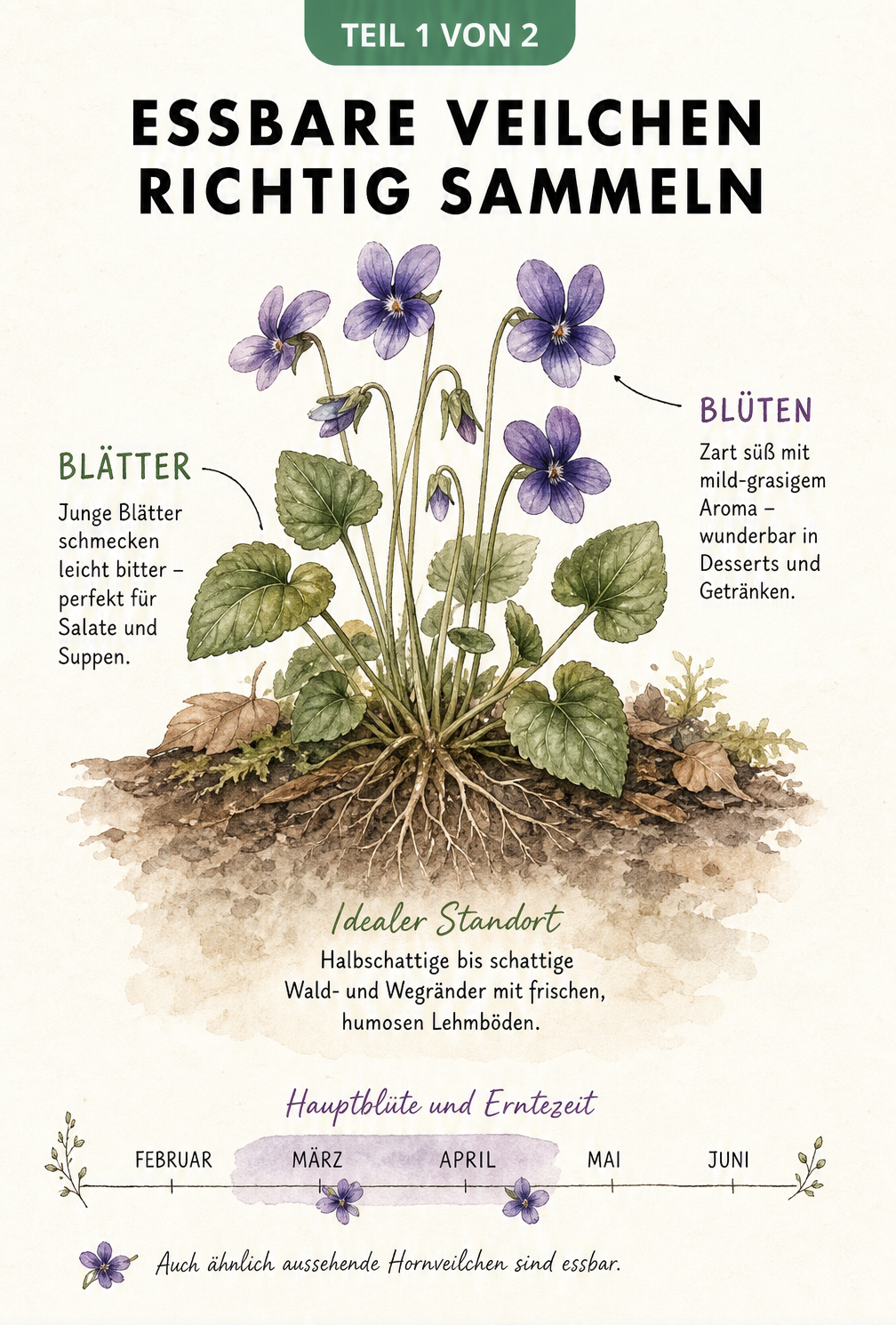 Botanische Illustration eines Duftveilchens mit Hinweisen zu essbaren Blüten und Blättern sowie Standort und Erntezeit