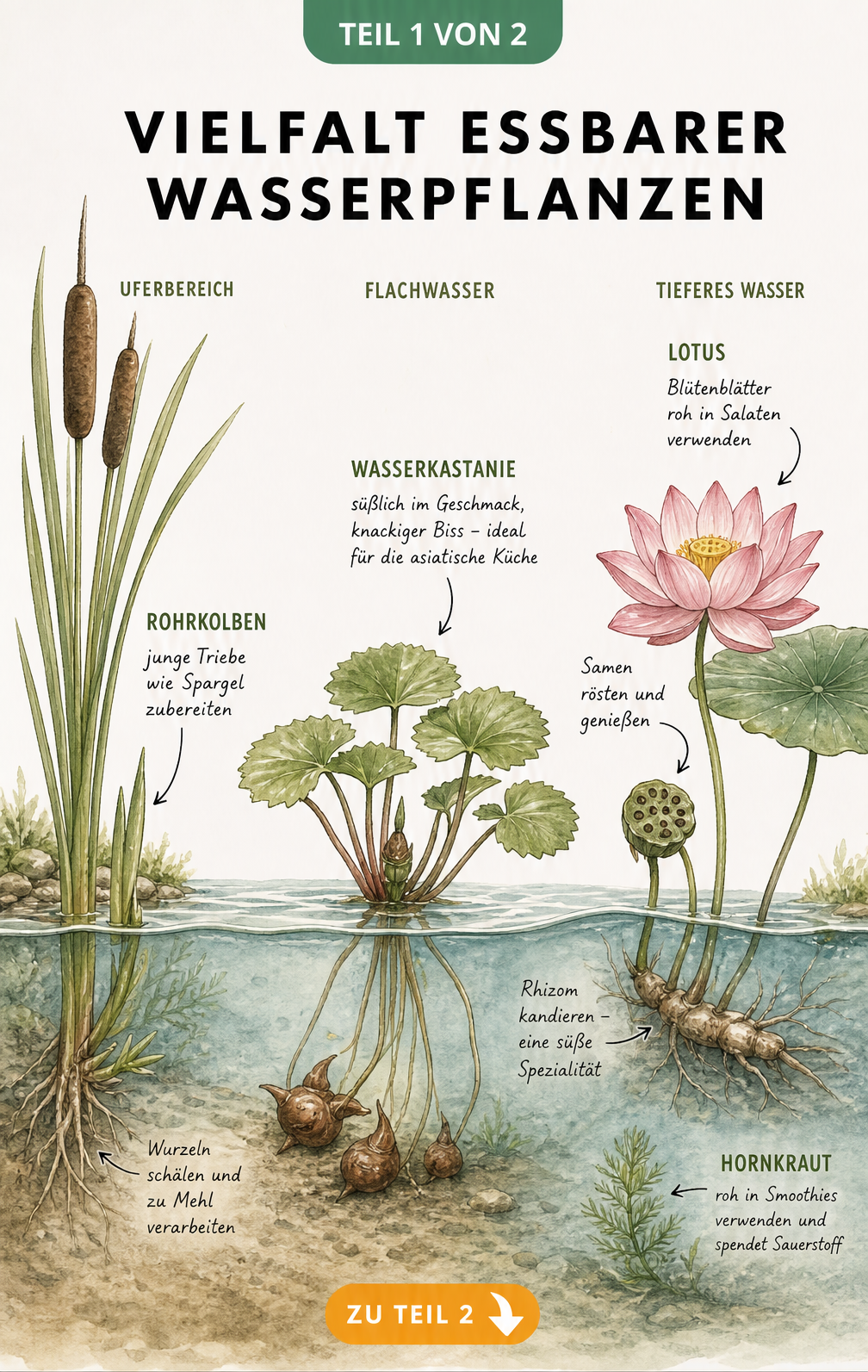 Querschnitt eines Gartenteichs mit essbaren Wasserpflanzen wie Rohrkolben, Wasserkastanie und Lotusblume in verschiedenen Tiefenzonen