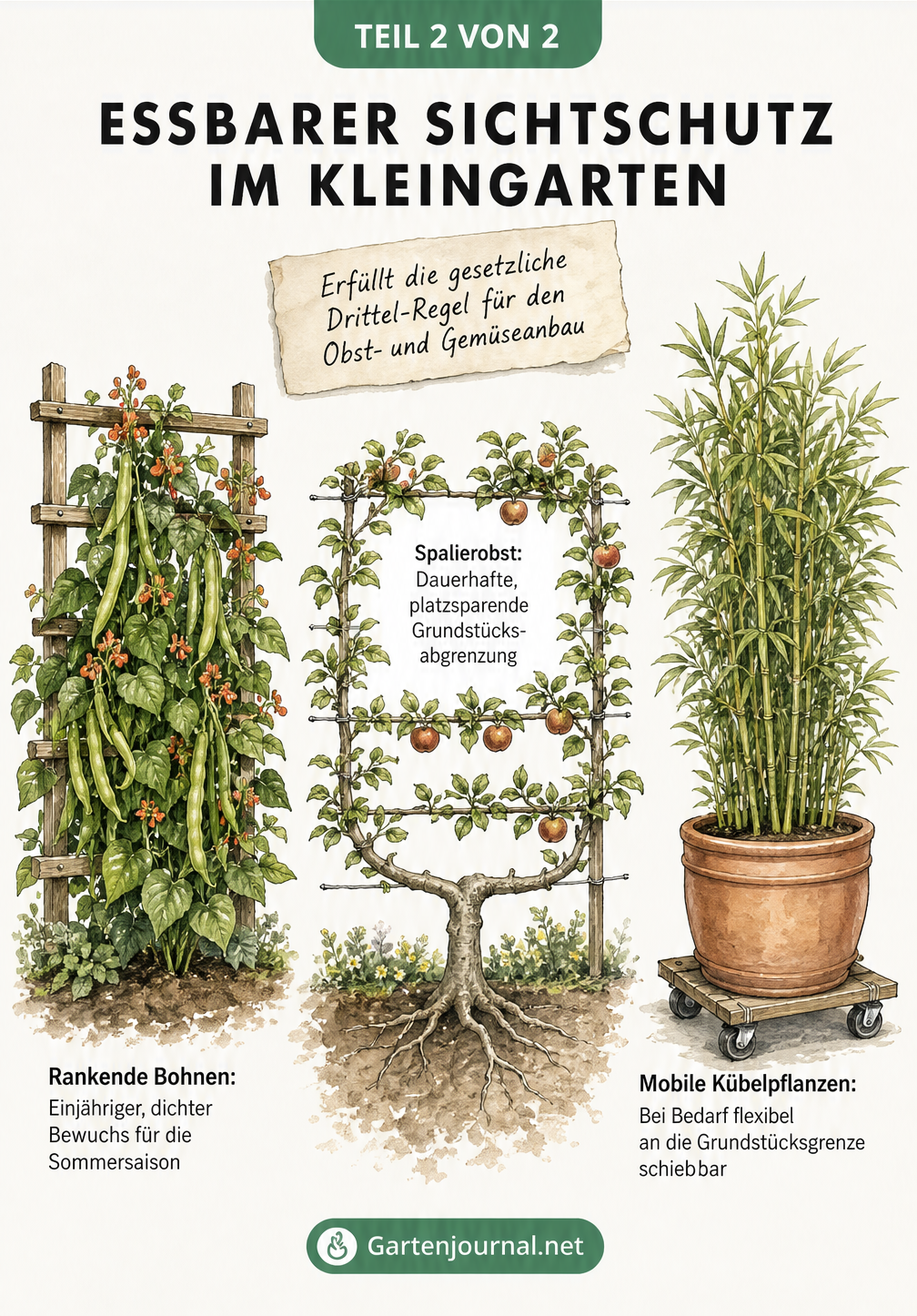 Botanische Illustration von rankenden Bohnen, Spalierobst und Bambus im Kübel als Sichtschutz