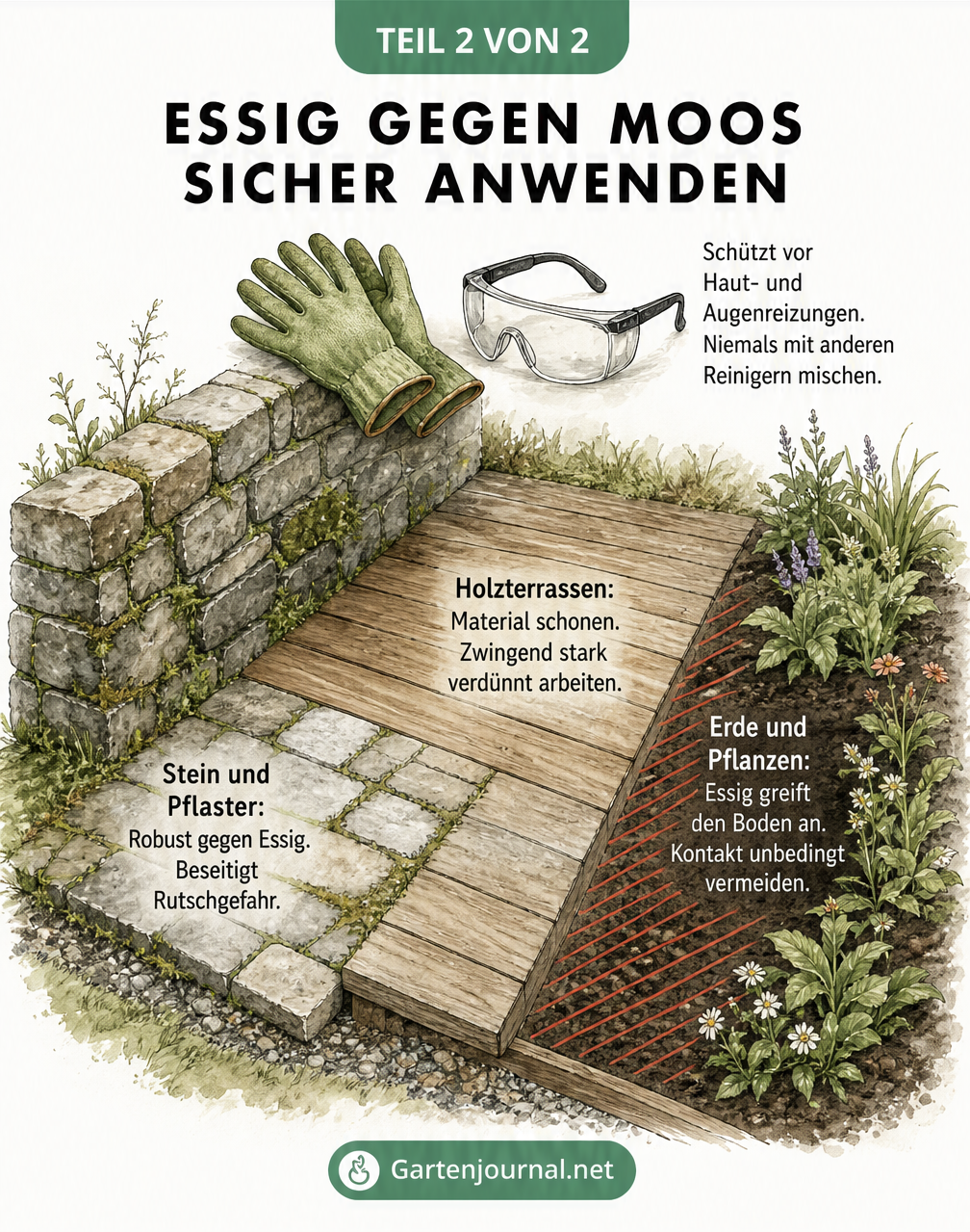 Querschnitt einer Gartenecke, der zeigt, auf welchen Materialien Essig sicher angewendet werden kann und wo Vorsicht geboten ist