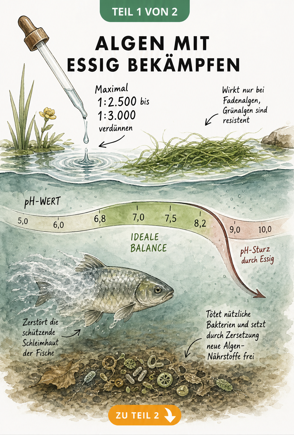 Querschnitt eines Gartenteichs, der die negativen Auswirkungen von Essig auf Fische, Bakterien und den pH-Wert zeigt.