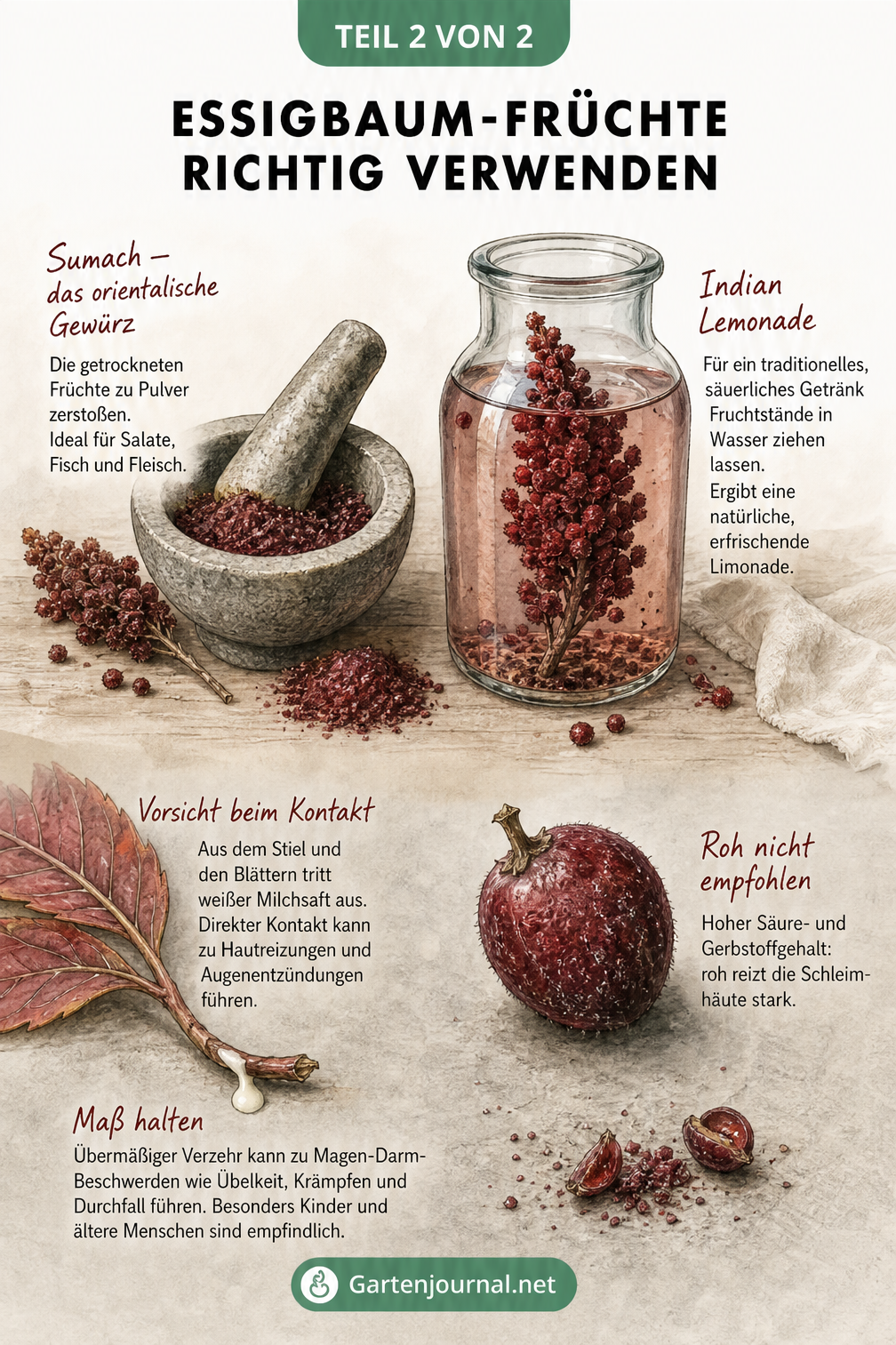 Illustration zur Verwendung von Essigbaum-Früchten als Sumach-Gewürz und Indian Lemonade sowie Warnhinweise zu giftigem Milchsaft und Magenreizungen.