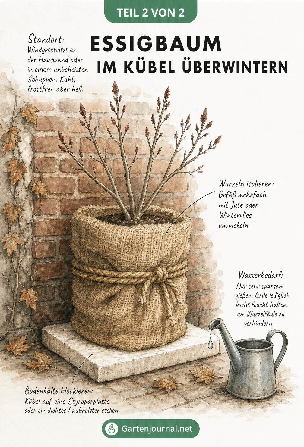 Illustration eines Essigbaums im Kübel im Winter, geschützt mit Jute und auf einer Styroporplatte