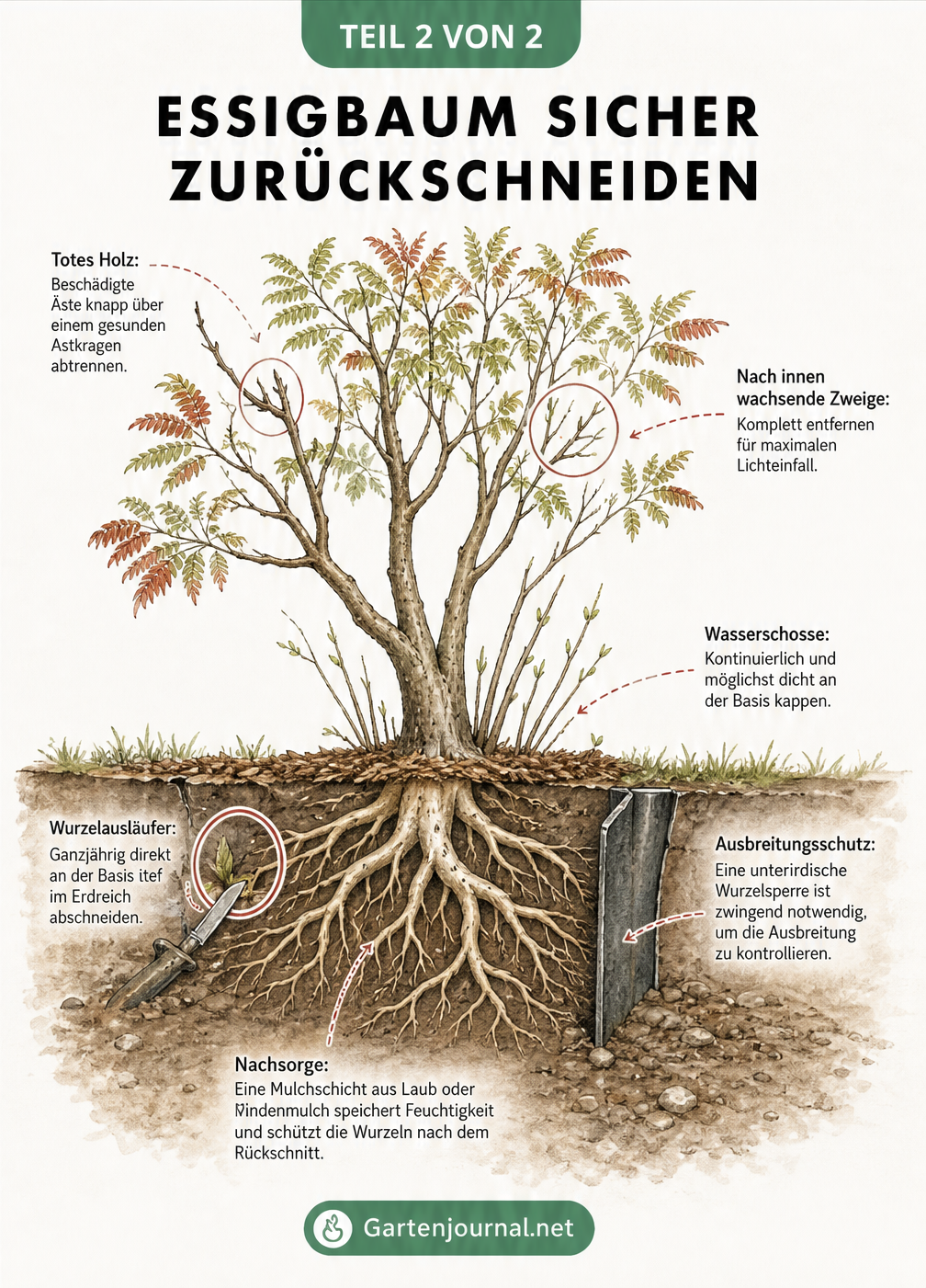 Querschnitt-Illustration eines Essigbaums mit Krone, Stamm und Wurzelwerk, die zeigt, wo totes Holz und Wurzelausläufer entfernt werden müssen.