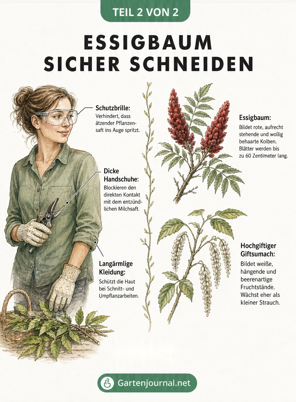 Illustration einer gärtnernden Person mit Schutzbrille, Handschuhen und langärmliger Kleidung sowie ein Vergleich zwischen Essigbaum und Giftsumach.