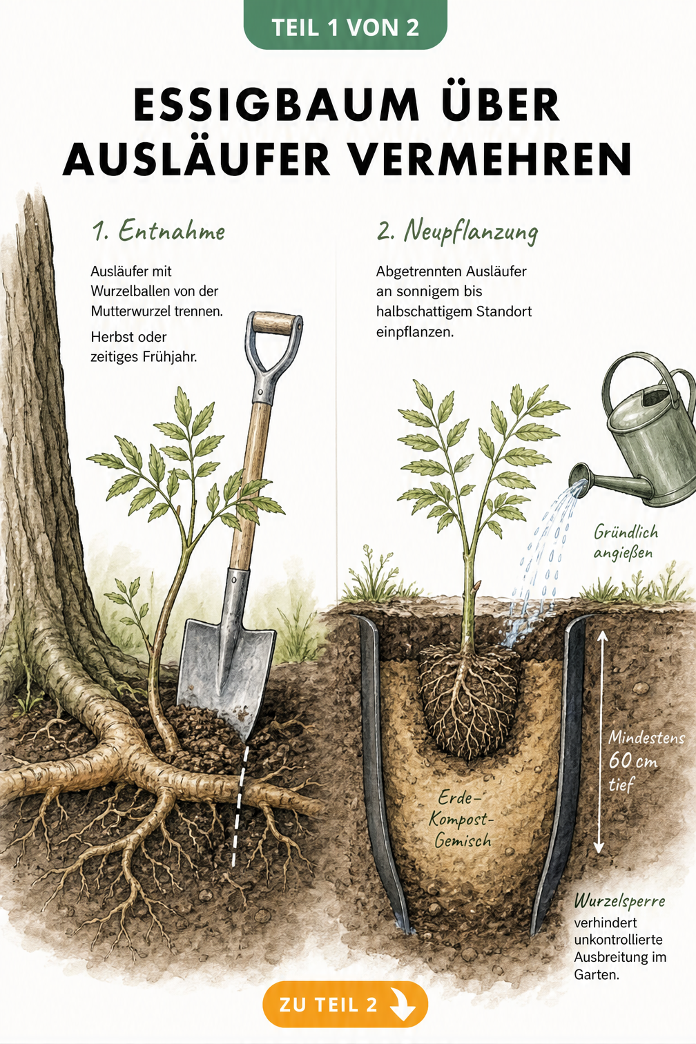 Illustration zur Vermehrung eines Essigbaums durch Wurzelausläufer, mit Spatenstich und Neupflanzung mit Wurzelsperre