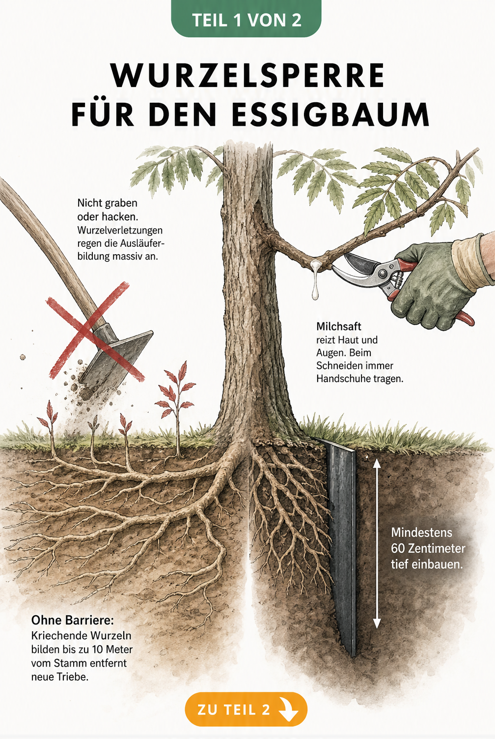 Illustration einer Wurzelsperre für den Essigbaum im Querschnitt, die das unkontrollierte Ausbreiten der kriechenden Wurzeln verhindert.