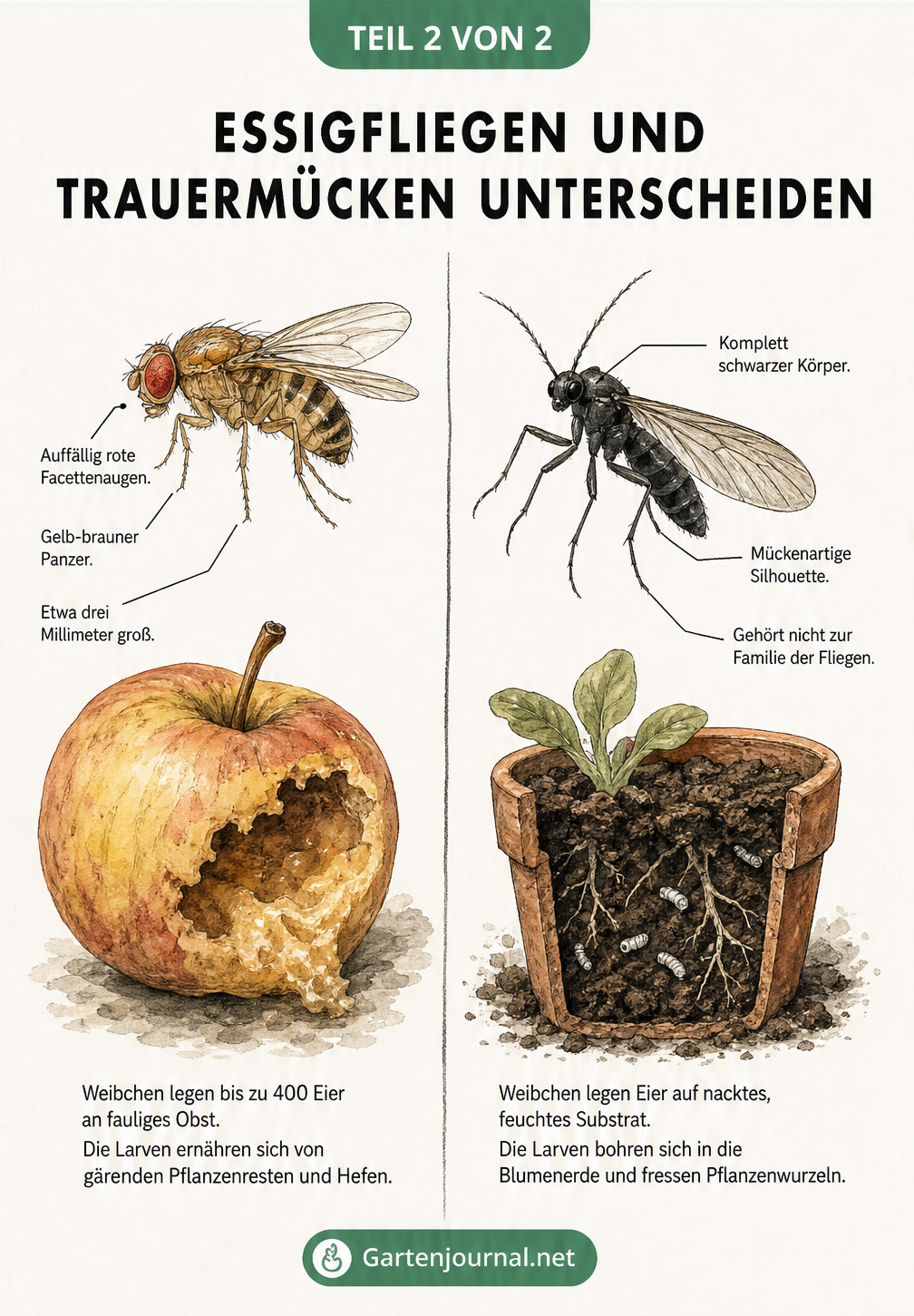 Vergleichszeichnung zwischen einer Essigfliege an einem Apfel und einer Trauermücke an einem Blumentopf