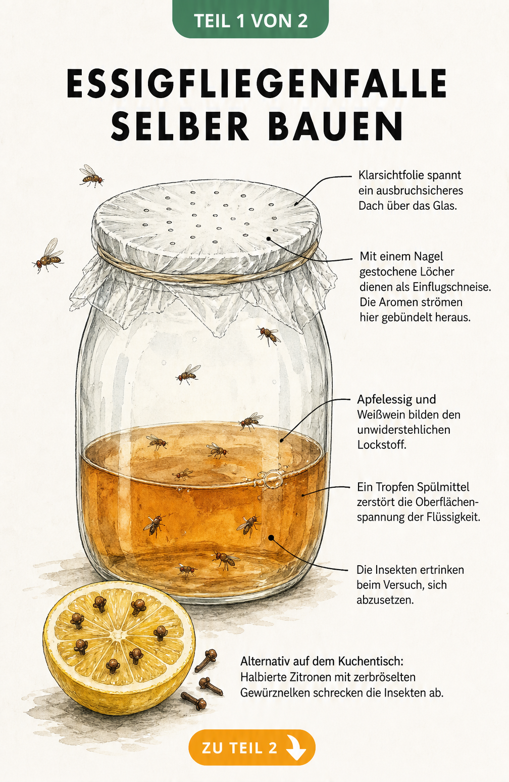 Illustration einer selbstgebauten Essigfliegenfalle aus einem Glas mit Klarsichtfolie, Apfelessig und Spülmittel