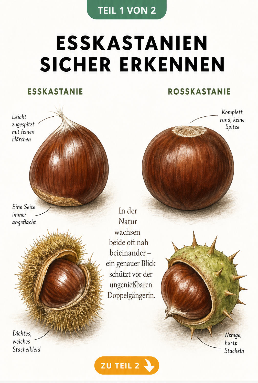 Illustration einer Esskastanie und einer Rosskastanie im direkten Vergleich mit Merkmalen wie Form und Stacheln