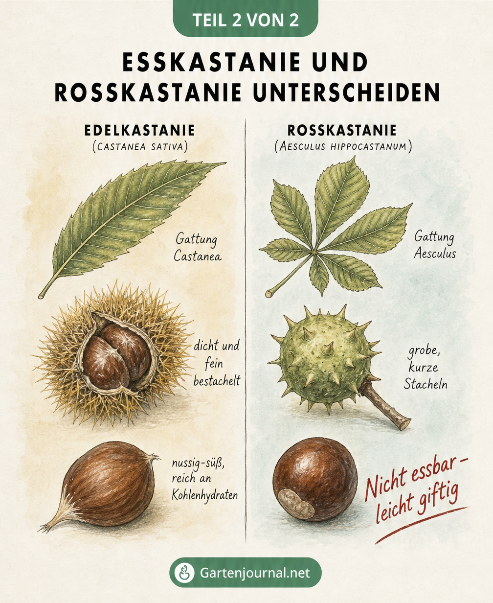 Gegenüberstellung von Esskastanie und Rosskastanie mit Fokus auf Blätter, Fruchtkapseln und Nüsse zur Unterscheidung