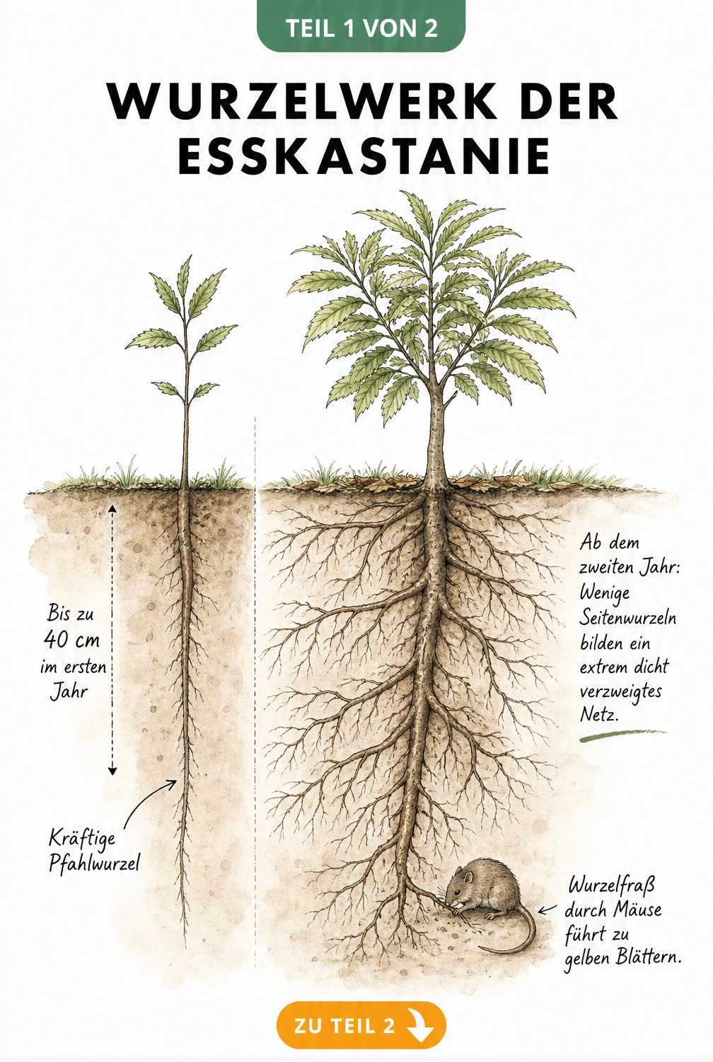 Botanische Zeichnung des Wurzelwerks einer Esskastanie im ersten Jahr und als älterer Baum