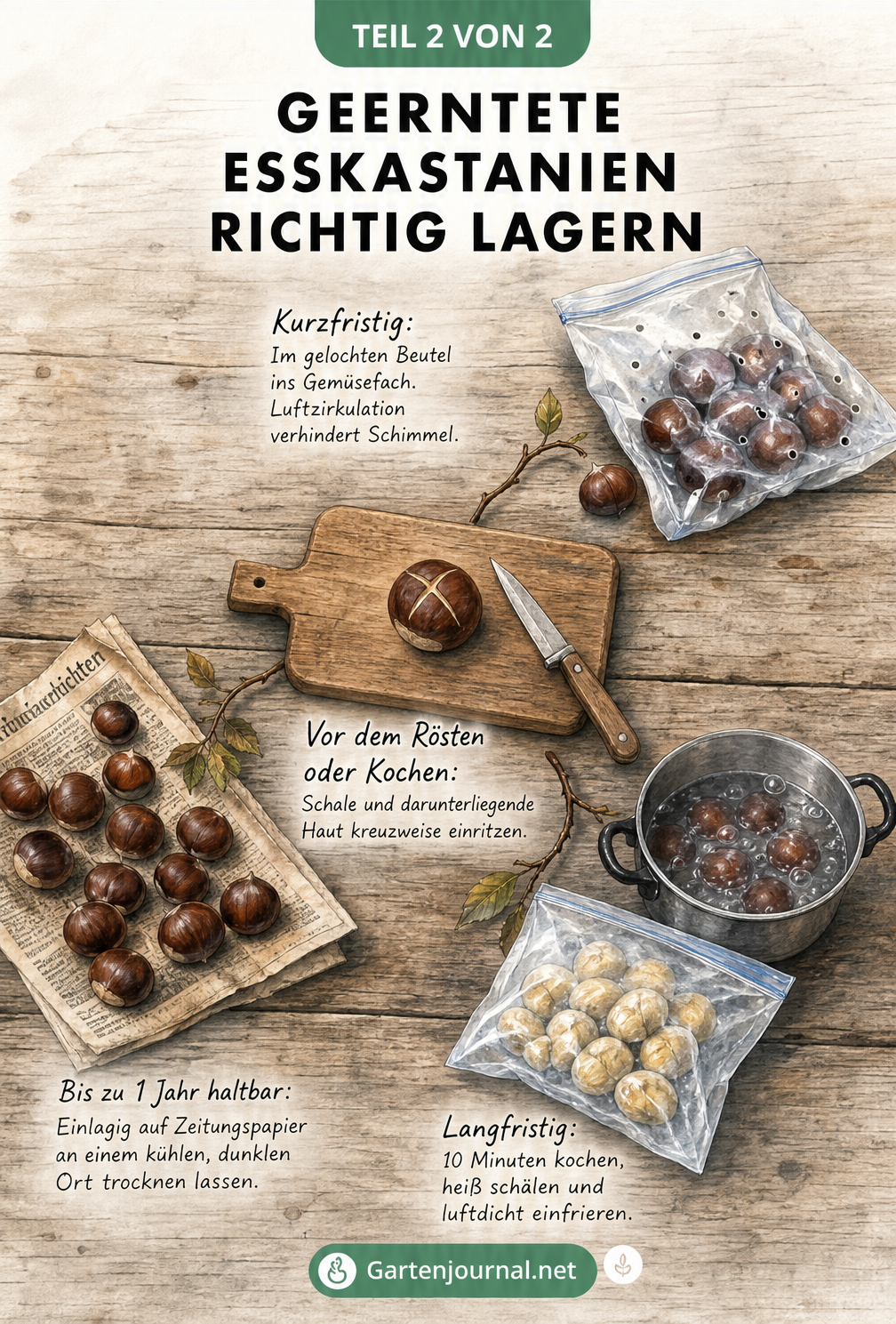 Illustration zur Lagerung und Vorbereitung von Esskastanien mit Kühlschrank, Tiefkühler und Trocknung