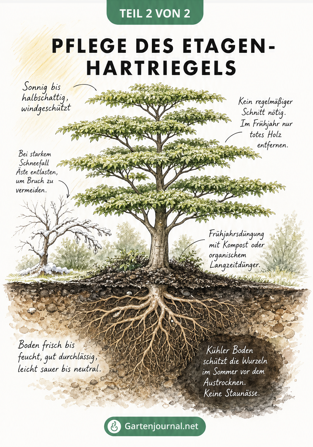 Illustration eines Etagen-Hartriegels mit Pflegehinweisen zu Standort, Schnitt, Düngung und Boden