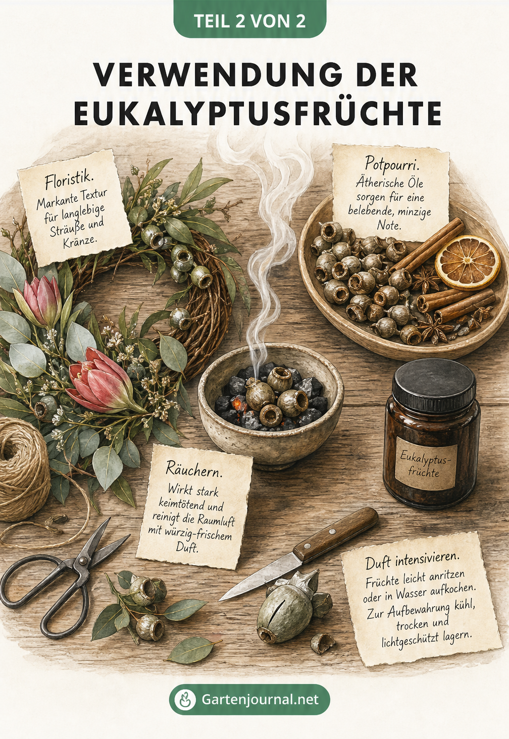 Illustration verschiedener Verwendungen von Eukalyptusfrüchten wie Floristik, Räuchern und Potpourri
