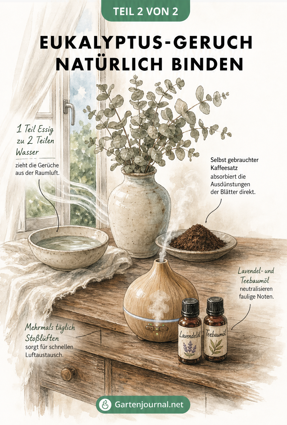 Illustration eines Sideboards mit Eukalyptus in einer Vase und Hausmitteln wie Essigwasser, Kaffeepulver und Diffuser zur Geruchsbindung