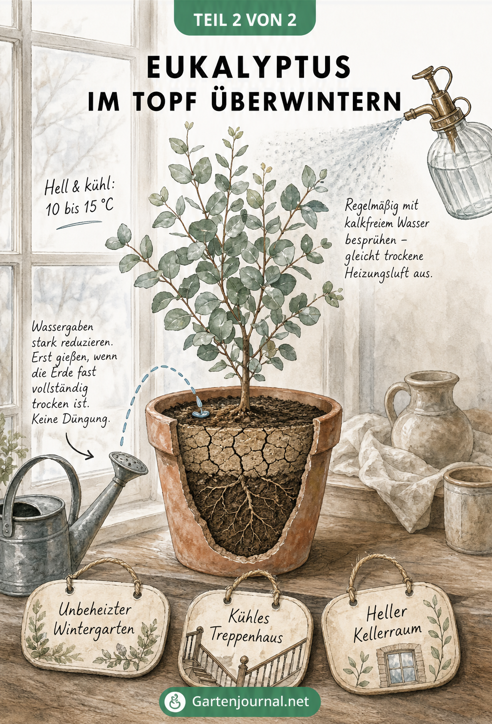 Illustration eines Eukalyptus im Terrakotta-Topf vor einem Fenster mit Pflegehinweisen zu Temperatur, Gießen und Besprühen.
