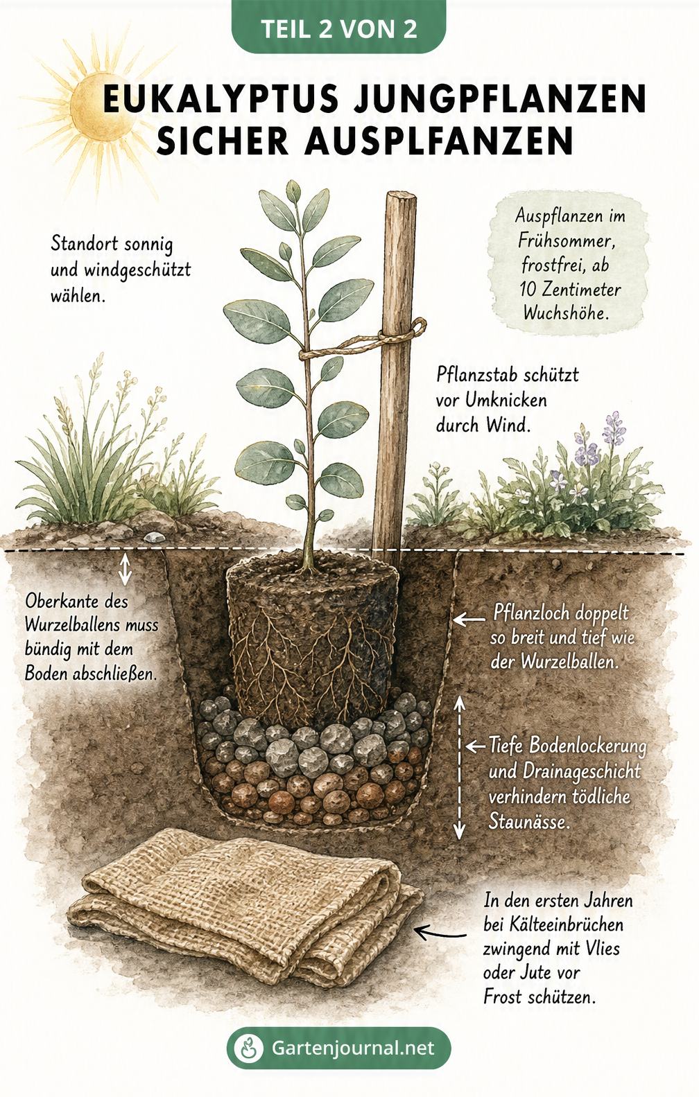 Querschnitt eines Gartenbeets zeigt das richtige Auspflanzen von Eukalyptus mit Drainageschicht und Pflanzstab