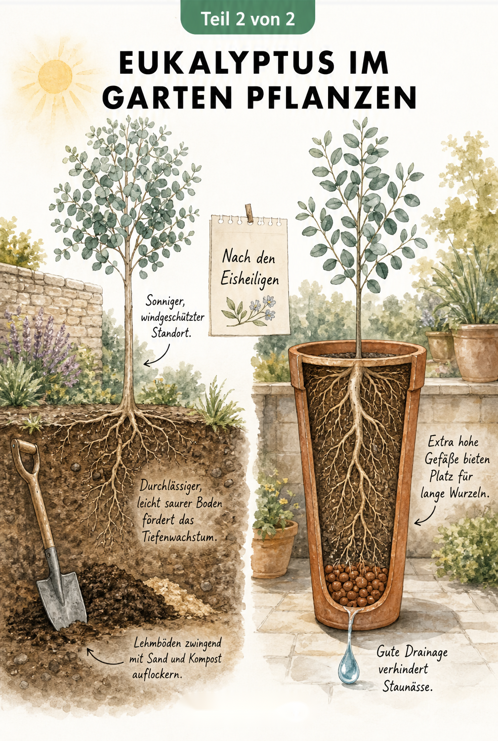 Illustration eines Eukalyptusbaums im Freiland und als Kübelpflanze auf einer Terrasse mit Pflanztipps