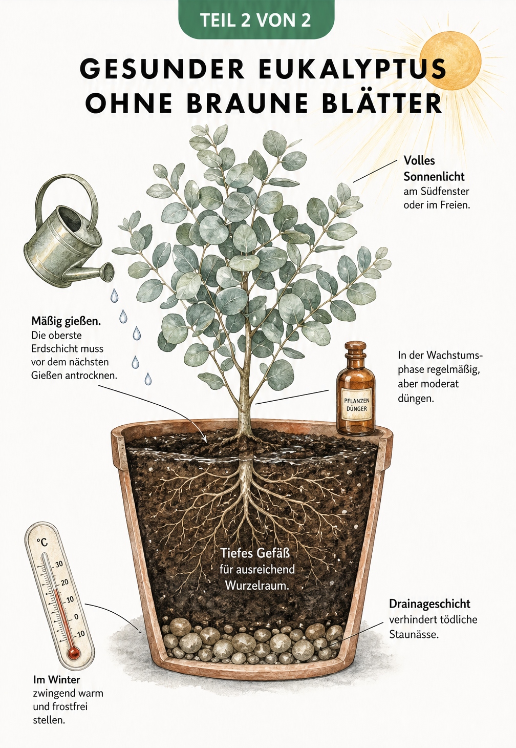 Illustration eines gesunden Eukalyptus im Topf mit Hinweisen zur idealen Pflege: viel Sonne, mäßiges Gießen, moderates Düngen, tiefer Topf, Drainageschicht und...