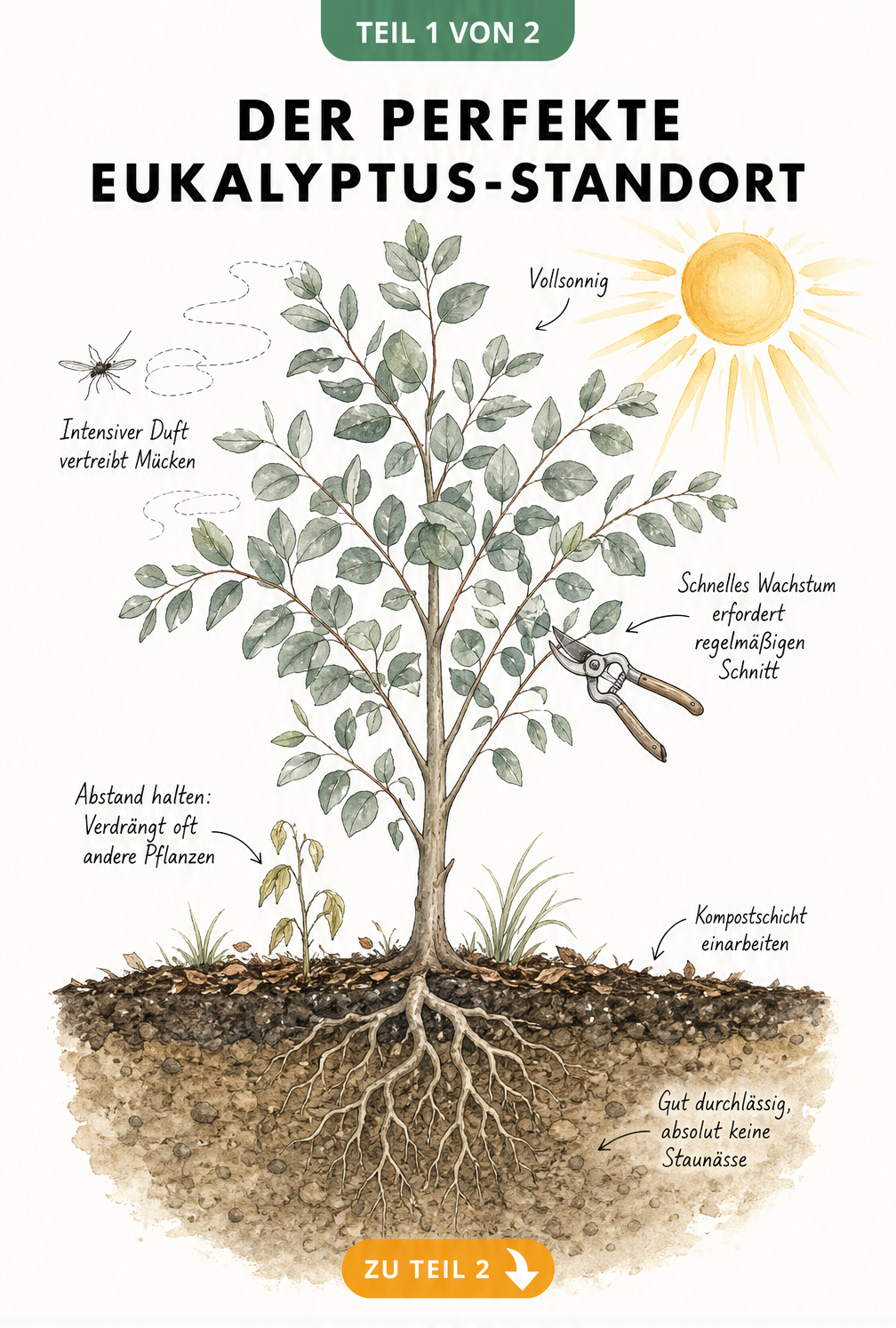 Botanische Illustration eines Eukalyptusbaums mit Boden-Schnittzeichnung, Sonne und Gartenschere