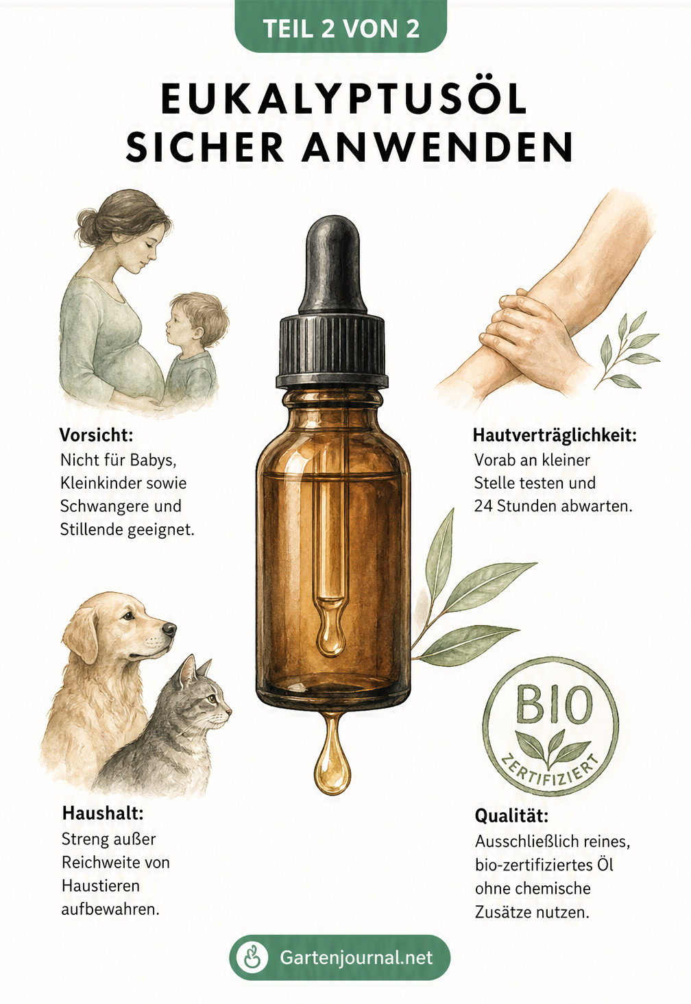 Illustration einer Braunglas-Tropfflasche mit Hinweisen zur sicheren Anwendung von Eukalyptusöl bei Haut, Qualität, Schwangerschaft und Haustieren