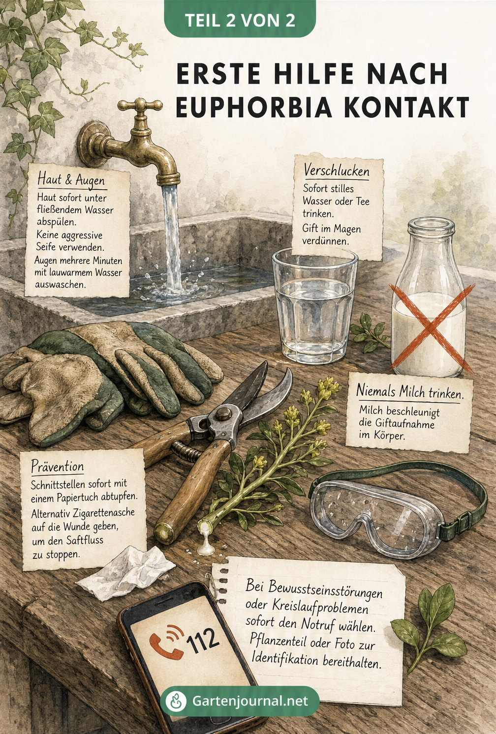 Illustration eines Gartenwaschtischs mit Erster Hilfe bei Euphorbia-Kontakt wie Wasser, Schutzbrille und Handschuhen