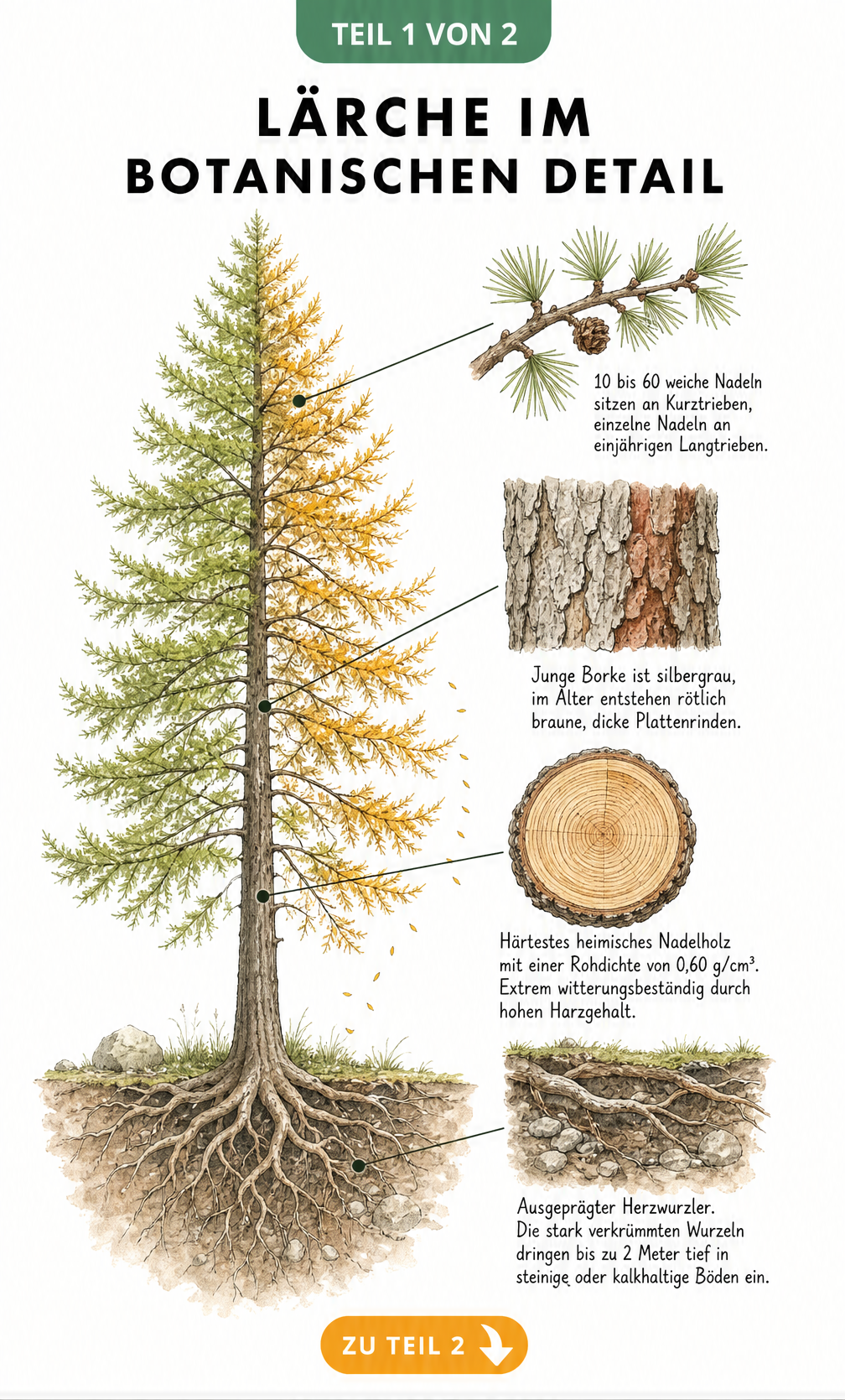 Botanische Zeichnung einer Europäischen Lärche mit Sommer- und Herbstnadeln sowie Details zu Rinde, Holz und Wurzeln