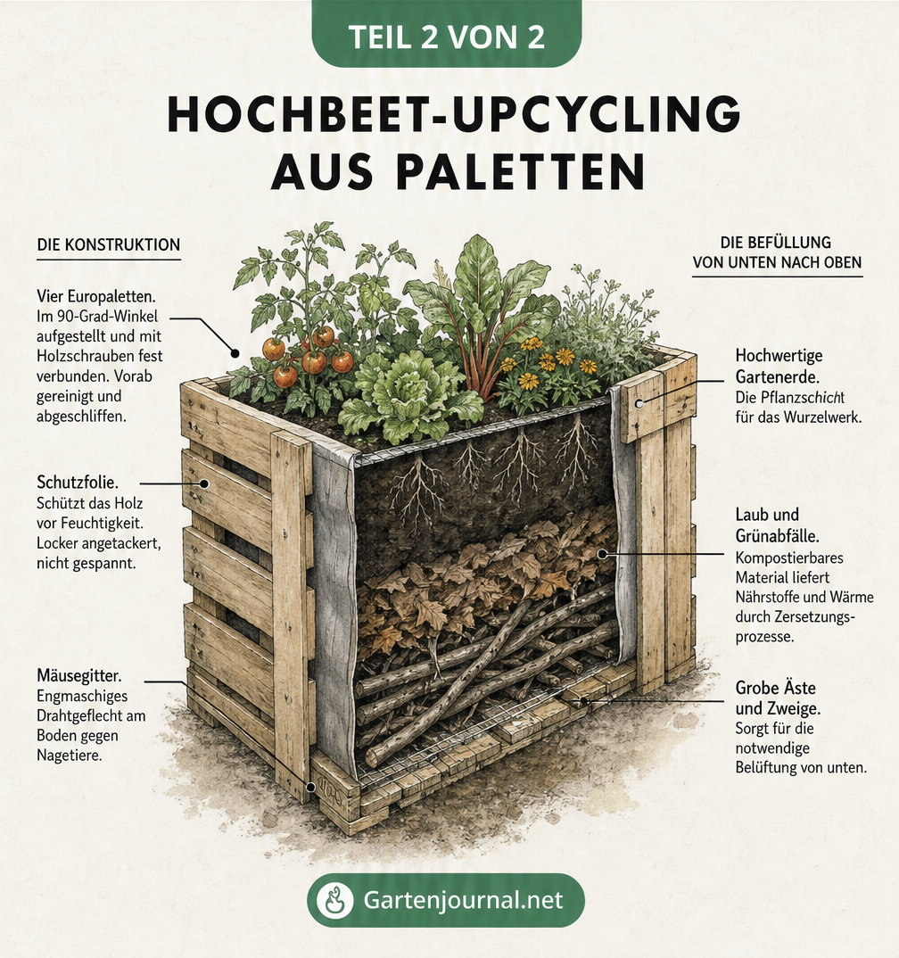 3D-Schnittzeichnung eines Europaletten-Hochbeets mit Aufbau und Erdschichten