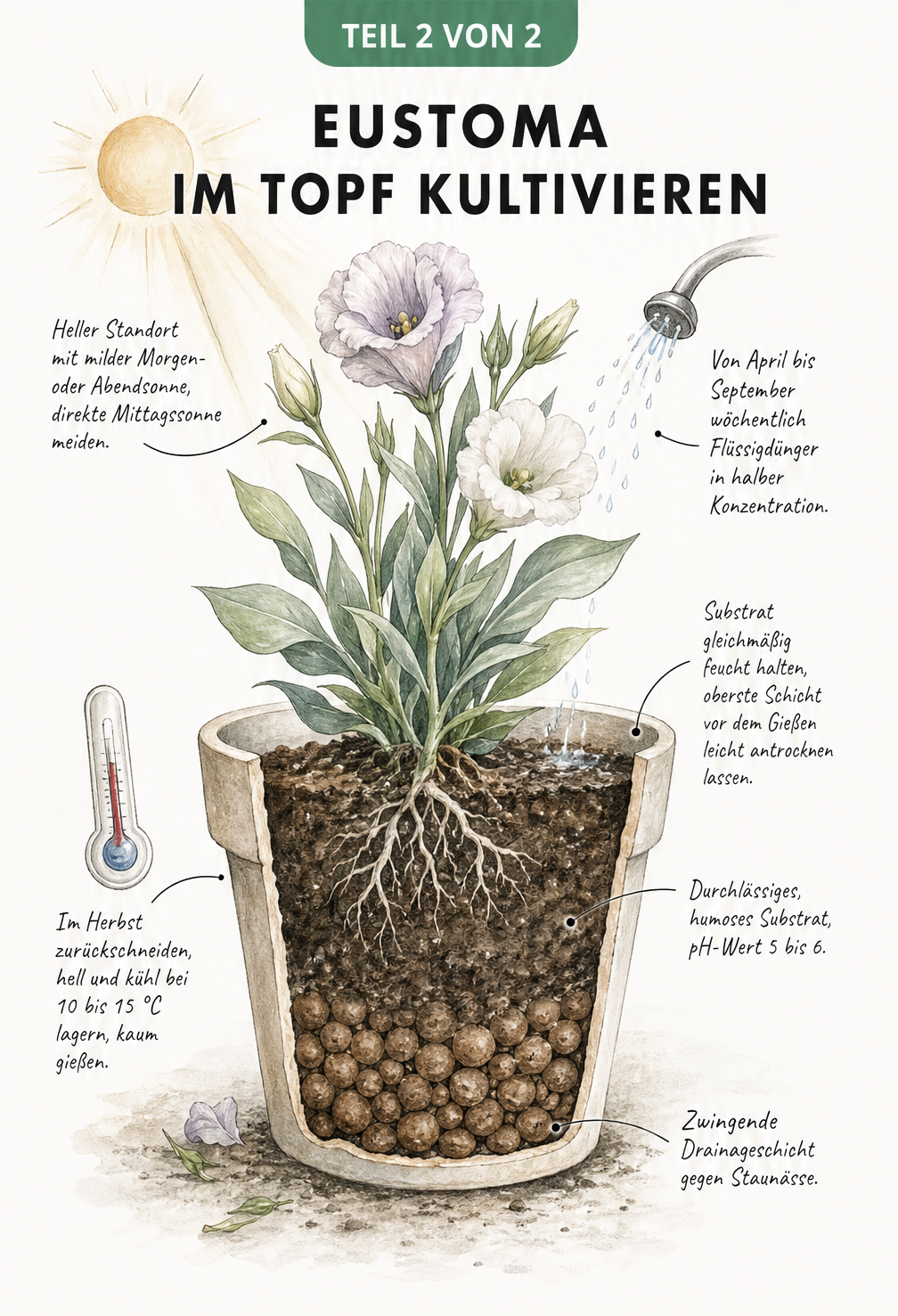 Schnittzeichnung eines Pflanztopfes mit Eustoma, die Schichten für Drainage und Erde sowie Hinweise zu Standort und Pflege zeigt